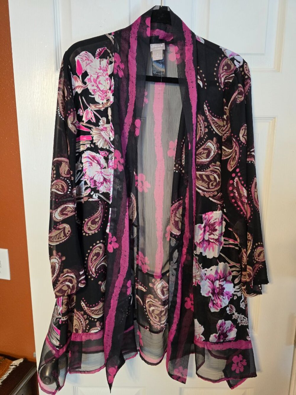 Chico's Black & Pink Floral Kimono - NWOT